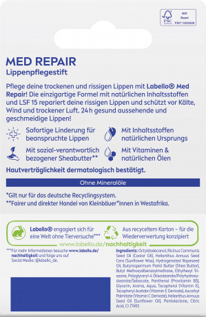Labello Med Repair LSF 15, Бальзам для сухих губ с пантенолом и глицерином для увлажнения и комфорта, SPF 15, 4,8 г