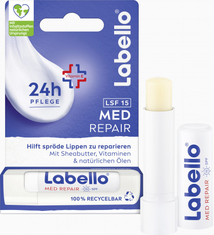Labello Med Repair LSF 15, Бальзам для сухих губ с пантенолом и глицерином для увлажнения и комфорта, SPF 15, 4,8 г