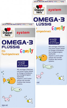 Doppelherz system Omega-3 Family flussig mit Fruchtgeschmack, Доппельгерц ОМЕГА-3 из морской рыбы + Витамины A, C, D и B12, сироп с фруктовым вкусом для детей с 4-х лет и взрослых, 250 мл x 2 штуки
