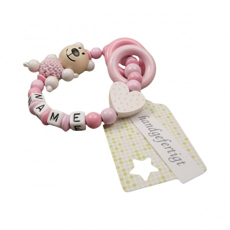 kleinerStorch Greifling mit Name – Madchen Beissring personalisiert – Holz Rassel Bar  Herz weiss Игрушка-клатч с именем