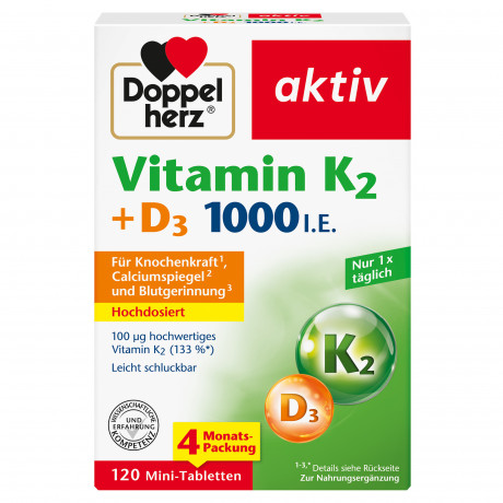Doppelherz Vitamin K2 + D3 1000 I.E., 120 Mini-Tabletten, 52,4 g, Витамины K2 100 мкг в форме MK-7 и D3 1000 МЕ для поддержания костей, мини-таблетки, 120 шт., 52,4 г