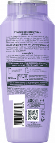 L'Oreal Paris Elvital Hydra Hyaluronic 72H Feuchtigkeits-Auffuellendes Shampoo, 300 ml, Увлажняющий шампунь с гиалуроновой кислотой для обезвоженных волос, увлажнение до 72 часов, 300 мл