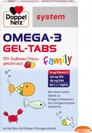 Doppelherz system OMEGA-3 Gel-Tabs family Erdbeer-Citrus, 60st, Омега-3 из морской рыбы + витамин D, жевательные мармеладки со вкусом клубники и цитрусовых для детей от 4-х лет и взрослых, 60 шт