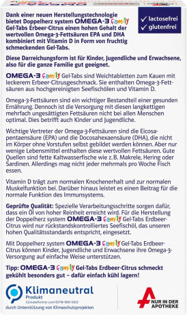 Doppelherz system OMEGA-3 Gel-Tabs family Erdbeer-Citrus, 60st x 2 packs, Омега-3 из морской рыбы + витамин D, жевательные мармеладки со вкусом клубники и цитрусовых для детей от 4-х лет и взрослых, 60 шт x 2 упаковки