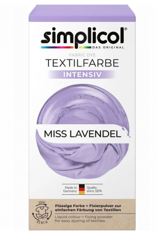 Simplicol Textilfarbe intensiv Miss Lavendel, Краска для ткани лавандовая фиолетовая Miss Lavendel интенсивная, жидкая, для стиральной машины 40C, 150 мл + фиксатор 400 г