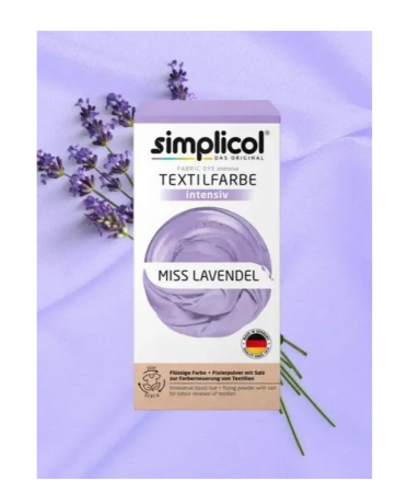 Simplicol Textilfarbe intensiv Miss Lavendel, Краска для ткани лавандовая фиолетовая Miss Lavendel интенсивная, жидкая, для стиральной машины 40C, 150 мл + фиксатор 400 г