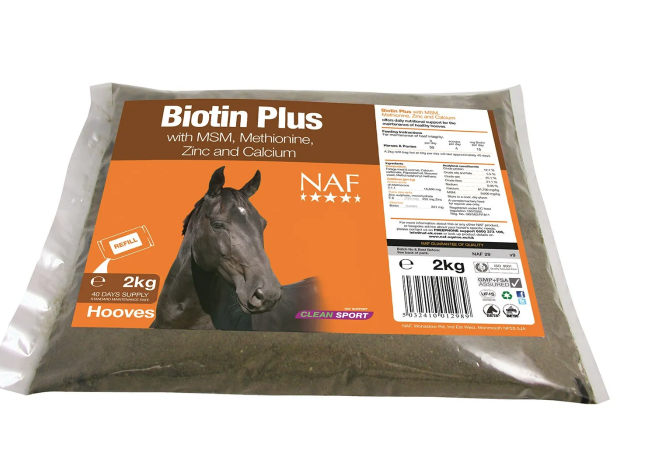 NAF Biotin Plus 2kg, Кормовая добавка для лошадей и пони (Великобритания), 2 кг, порошок, для копыт, шерсти и кожи, биотин, MSM, метионин, цинк, кальций