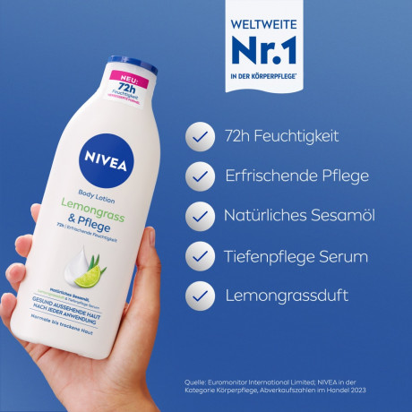 NIVEA Body Lotion Lemongrass & Pflege, 400 ml, Нивеа Лосьон для тела, кунжутное масло и аромат лемонграсса, 72ч увлажнение, 400 мл