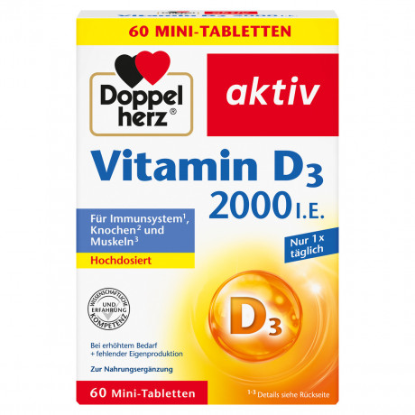Doppelherz Vitamin D3 2000 I.E., 60 Mini-Tabletten, 24,9 g, Витамин D3 2000 МЕ для иммунитета, костей, зубов и мышц, мини-таблетки, 60 шт., 24,9 г