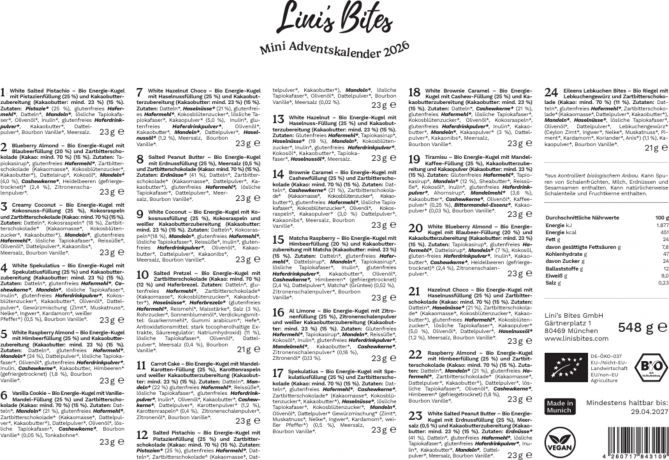 Lini’s Bites Bio Adventskalender 2026, Органический адвент-календарь Lini’s Bites 2026, 24 веганских сладости без глютена, 548 г