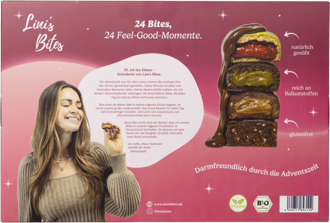 Lini’s Bites Bio Adventskalender 2026, Органический адвент-календарь Lini’s Bites 2026, 24 веганских сладости без глютена, 548 г