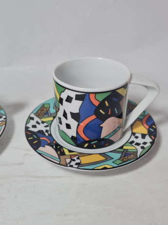 Чайное трио винтажное Freiberger Porzellan Sachsen с ярким абстрактным принтом, фарфор, Германия, 1970-80гг.