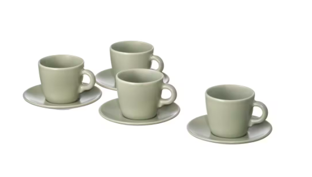 Ikea FARGKLAR Tasse mit Untertasse, mattiert grun, 7 cl, Икеа ФЭРГКЛАР Кофейная чашка 70мл с блюдцем, матовая поверхность цвет зеленый, 4 штуки