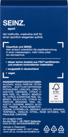 SEINZ. Sport Eau de Toilette, 60 ml, Мужская туалетная вода Sport с цитрусами, шалфеем и кедром, 60 мл