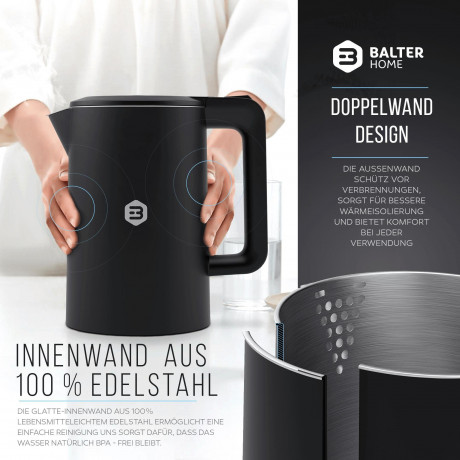 Balter Balter Wasserkocher WK-4, Edelstahl, 1,7 Liter, Doppelwand Design, BPA frei, LED, schwarz  Чайник Balter WK-4, нержавеющая сталь, 1,7 литра, конструкция с двойными стенками, без BPA, светодиод, черный