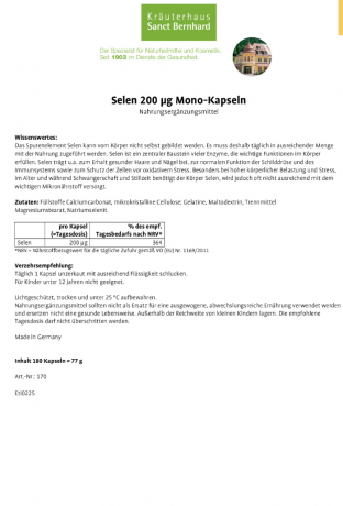 Krauterhaus Sanct Bernhardt Selenium 200 µg Mono Capsules, Селен 200 мкг монокапсулы 180 капсул