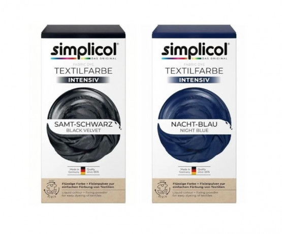 Simplicol Samt-Schwarz + Nacht-Blau: Краска для ткани чёрная Samt-Schwarz и синяя Nacht-Blau интенсивная, жидкая, для стиральной машины, 300 мл + фиксатор 800 г