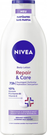 NIVEA Body Lotion Repair & Care Parfumfrei, 400 ml, Нивеа Лосьон для тела без парфюма, 10% глицерин, провитамин B5 и ниацинамид, для сухой и чувствительной кожи, 72ч увлажнение, 400 мл