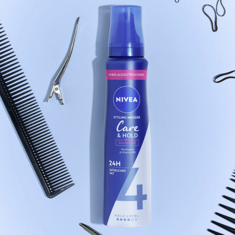 NIVEA Care & Hold Styling Mousse, 150 ml, Нивеа Мусс для укладки волос, пантенол и витамин B3, до 24ч фиксация, термозащита, 150 мл