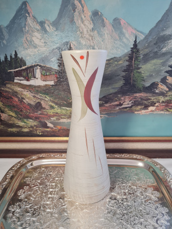 Ваза для цветов винтажная W.Germany вытянутой формы, в зелено-красных тонах, абстрактный декор, керамика, 30 х 10 см, Германия, 1960-70гг.