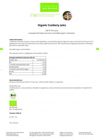 Krauterhaus Sanct Bernhardt Organic Cranberry Juice, 1 литр