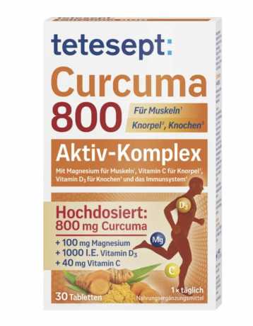 tetesept Curcuma 800, Активный комплекс 800 мг экстракта куркумы, магний, витамины С и D3  для мышц, хрящей, костей и иммунной системы, 30шт