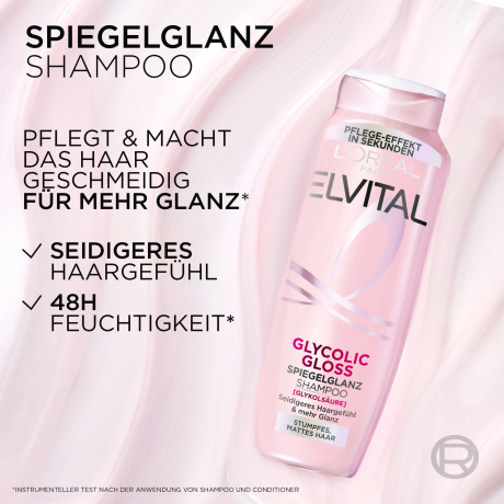 L'Oreal Paris Elvital Glycolic Gloss Spiegelglanz Shampoo, 300 ml, Шампунь с гликолевой кислотой для зеркального блеска и гладкости волос, увлажнение до 48 часов, 300 мл