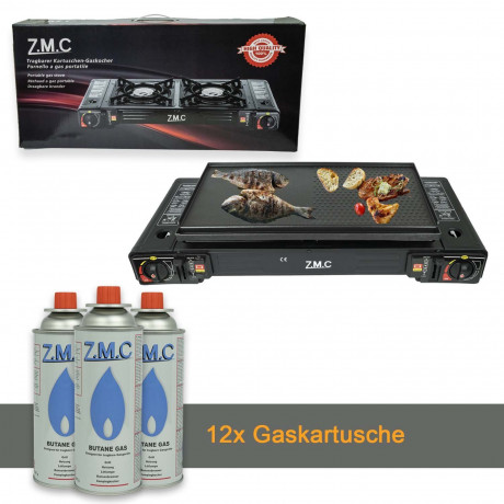 ZMC ZMC Gaskocher 2in1 Campingkocher mit Grillplatte 2 Flammig + 12x Gaskartuschen 227g, (mit Piezozundung Grill Platte Tischgrill Doppel Gasbrenner Gasgrill Kochfeld mit LPG Anschluss Warmeleistung: 2,3KW), Outdoor Camping Gas Kocher Butan Gas Gaskocher