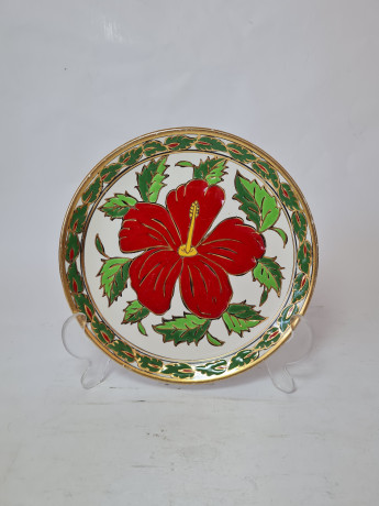 Декоративная тарелка винтажная Nassos с красным цветком и листьями, ручная работа, 18 x 2 см, Родос, 1960-70гг.