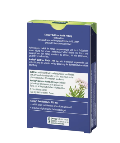 Kneipp Baldrian Nacht 700 mg Tabletten, 30 Stueck, Kneipp таблетки «Валериана Ночь 700 мг» для поддержки сна, 30 шт.