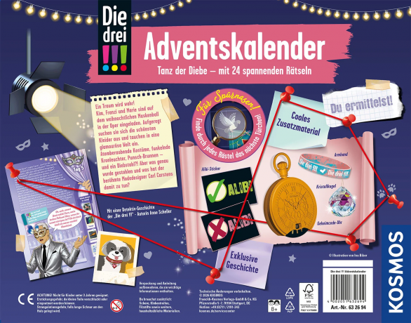 KOSMOS Die drei !!! Tanz der Diebe Adventskalender 2026, KOSMOS детективный адвент-календарь Die drei !!! «Танец воров» 2026 с 24 загадками, от 8 лет