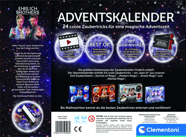 Clementoni Ehrlich Brothers Adventskalender der Magie 2026, Clementoni Ehrlich Brothers детский адвент-календарь 2026 с 24 фокусами и реквизитом, от 7 лет