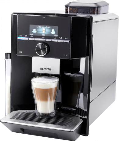 SIEMENS SIEMENS Kaffeevollautomat EQ.9 s300 TI923509DE, schwarz/Edelstahl, extra leise, autom. Milchsystem-Reinigung, bis zu 6 Profile Плностью автоматическая кофемашина SIEMENS EQ.9 s300 TI923509DE, черный/нержавеющая сталь, особо тихая, автоматическая.