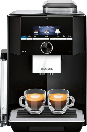SIEMENS SIEMENS Kaffeevollautomat EQ.9 s300 TI923509DE, schwarz/Edelstahl, extra leise, autom. Milchsystem-Reinigung, bis zu 6 Profile Плностью автоматическая кофемашина SIEMENS EQ.9 s300 TI923509DE, черный/нержавеющая сталь, особо тихая, автоматическая.