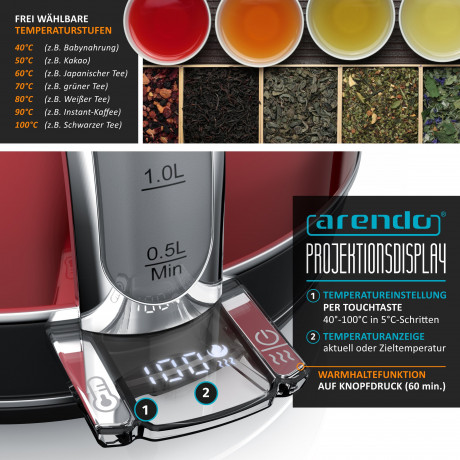 Arendo Arendo Wasserkocher, 1,7 l, 2200 W, Edelstahl Retro Style Vintage, LED Temperaturanzeige, kupfer Чайник Arendo, 1,7 л, 2200 Вт, нержавеющая сталь, винтажный ретро-стиль, светодиодный дисплей температуры, медь