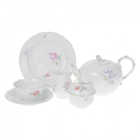 Meissen Meissen 'Neuer Ausschnitt - Blume 2 seitlich leichte Manier gestreut bunt mit Goldrand' Teeservice 6 Personen 21-tlg. Meissen "Новый срез - цветок 2 стороны светлый манер разбросаны красочные с золотым ободком" чайный сервиз 6 персон 21 шт.