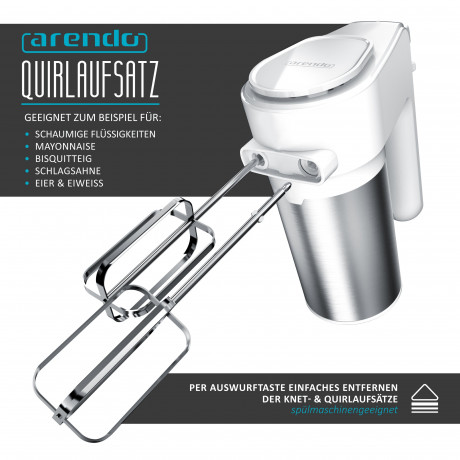 Arendo Arendo Handmixer, 400 W, inkl. 2 x Quirle und 2 x Knethaken aus Edelstahl weiss/silber Ручной миксер Arendo, 400 Вт, включая 2 венчика и 2 крюка для теста из нержавеющей стали