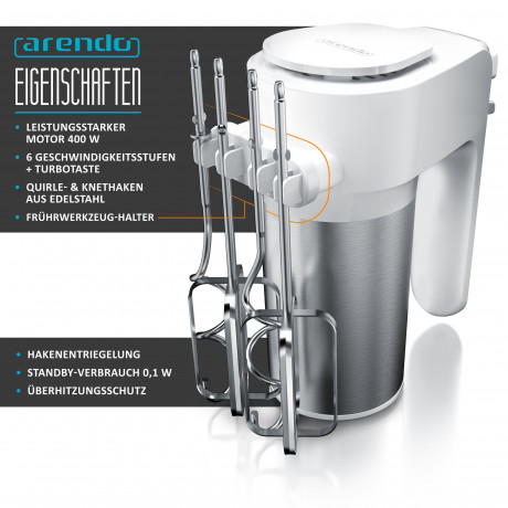 Arendo Arendo Handmixer, 400 W, inkl. 2 x Quirle und 2 x Knethaken aus Edelstahl weiss/silber Ручной миксер Arendo, 400 Вт, включая 2 венчика и 2 крюка для теста из нержавеющей стали