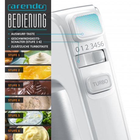 Arendo Arendo Handmixer, 400 W, inkl. 2 x Quirle und 2 x Knethaken aus Edelstahl weiss/silber Ручной миксер Arendo, 400 Вт, включая 2 венчика и 2 крюка для теста из нержавеющей стали