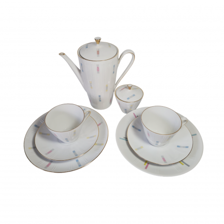 Набор посуды для чая винтажный Winterling Roslau Bavaria, белый фарфоровый с разноцветным узором и позолотой: чайник, сахарница, чайное трио 2 шт, Германия, 1960-70гг.