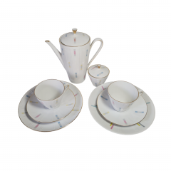 Набор посуды для чая винтажный Winterling Roslau Bavaria, белый фарфоровый с разноцветным узором и позолотой: чайник, сахарница, чайное трио 2 шт, Германия, 1960-70гг.