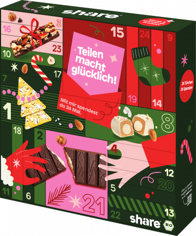 share Teilen macht gluecklich Adventskalender 2026, 24 vegane Bio-Snacks in Originalgroesse, 1794 g, share Адвент-календарь 2026 с полноразмерными органическими веганскими снеками, 24 сюрприза, 1794 г