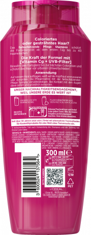 L'Oreal Paris Elvital Color Glanz Farbschutz Pflege Shampoo, 300 ml, Шампунь для окрашенных волос с витамином Cg и UVB-фильтром, для сохранения цвета и блеска, 300 мл