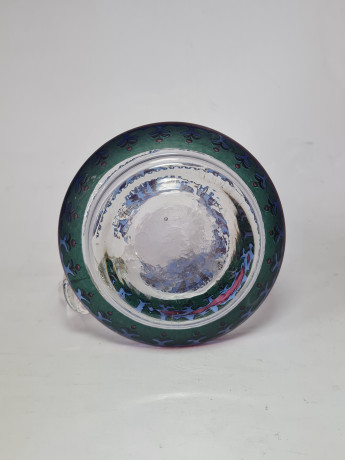 Стеклянный кувшин для воды с рисунком в сине-фиолетовых тонах с зеленой окантовкой 14 х 14 см, Германия, 1960-70гг.