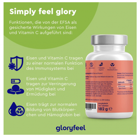 gloryfeel Iron with Vitamin C (40 mg), 240 Tablets, Железо с витамином C для энергии (Германия), бисглицинат с ацеролой, 240шт