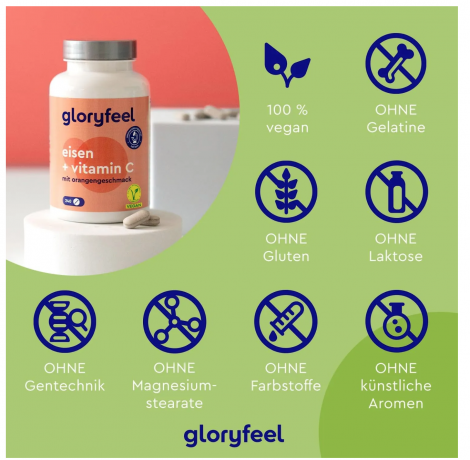 gloryfeel Iron with Vitamin C (40 mg), 240 Tablets, Железо с витамином C для энергии (Германия), бисглицинат с ацеролой, 240шт