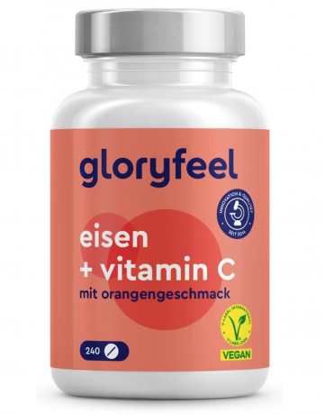 gloryfeel Iron with Vitamin C (40 mg), 240 Tablets, Железо с витамином C для энергии (Германия), бисглицинат с ацеролой, 240шт