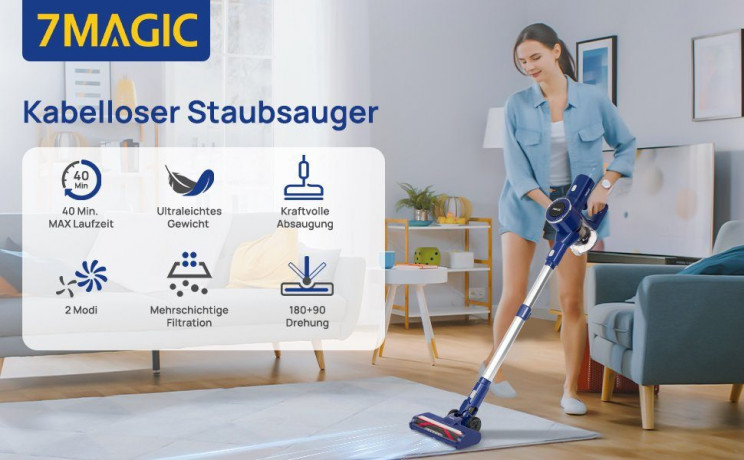 7Magic 7Magic Akku-Handstaubsauger Staubsauger Kabellos mit 25000pa Saugkraft, 6 in1 Akkustaubsauger, 160 W, beutellos, 1.0L Staubbehalter, fur Tierhaare, Teppich, Polster und Hartboden  Беспроводной ручной пылесос 7Magic, беспроводной пылесос с мощностью