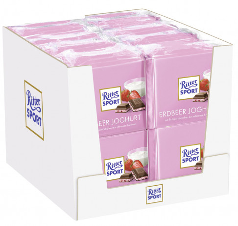 Ritter Sport (Риттер Спорт) Tafelschokolade Erdbeer Joghurt Erdbeer Magermilchjoghurt Creme (42 %), Reisflakes (1,1 %), Erdbeereen.chen (1 %), Упаковка 16 шт. x 500 г
