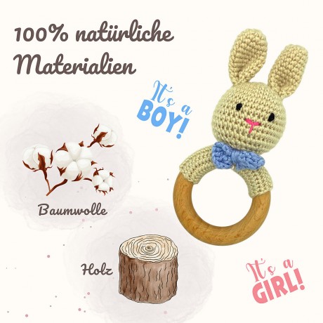 Angels Baby Gehakelte Babyrassel aus Baumwolle mit Beissring aus Holz in niedlichem Tiermotiv Вязаная крючком детская погремушка из хлопка с деревянным колечком для прорезывания зубов в милом зверином мотиве.
